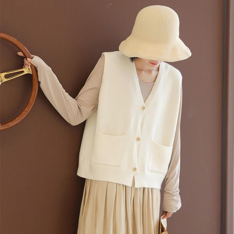 Knitted Vest Women Short Korean Version of Loose V-neck Pocket Sleeveless Wool Vest Cardigan Women Jacket Spring Autumn