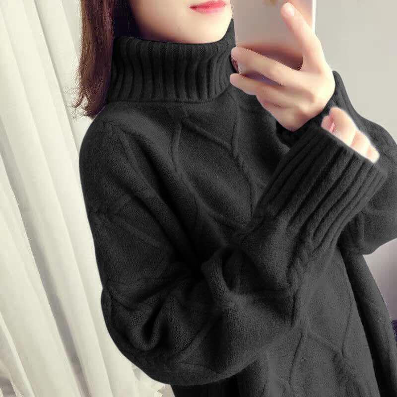 Cold-proof Warm Sweater Solid Color Turtleneck Sweater Women Plus Velvet Thick Autumn and Winter