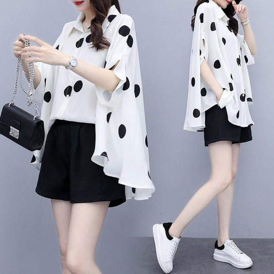 Set Polka Dot Large Size Loose Thin Temperament Shorts Two-piece Polka Dot Loose Large Size Shirt + Black Shorts Elegant Temperament