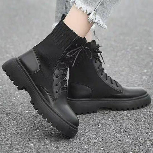 Spring and Autumn British Style Martin Plush Boots for Female Students Korean Version of The Wild Thick-soled Front Lace-up Motorcycle Boots