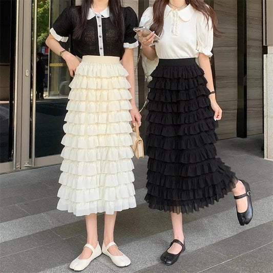 Women Tiered Skirts Summer Elegant Chiffon A-line Layered Skirt Female Elastic High Waist Preppy Style Dancing Long Skirts