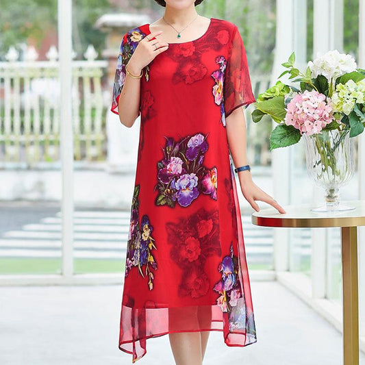 Large Size Middle-aged Women's Summer Dress Over The Knee Middle-aged Mother's Summer Dress Chiffon Short-sleeved Skirt Loose