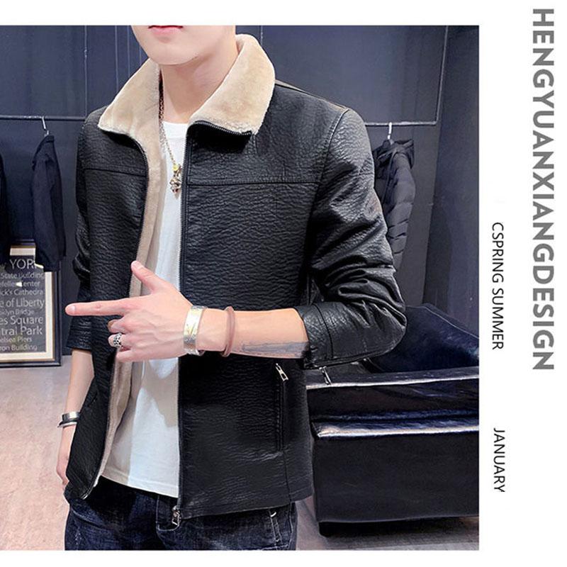 Autumn and Winter Plus Velvet Men's Leather Men's Jackets Korean Version of The Trend of Thickening Warm Fur One Men's Leather Jacket