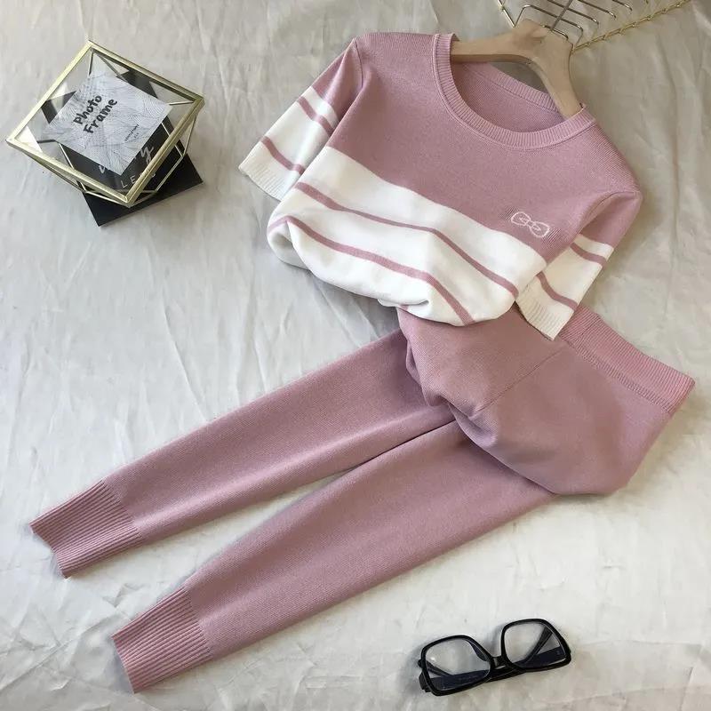 Sweet Bow Contrast Stitching Korean Casual Knitting Short-sleeved Top + Elasticated Feet Pants Pants Suit