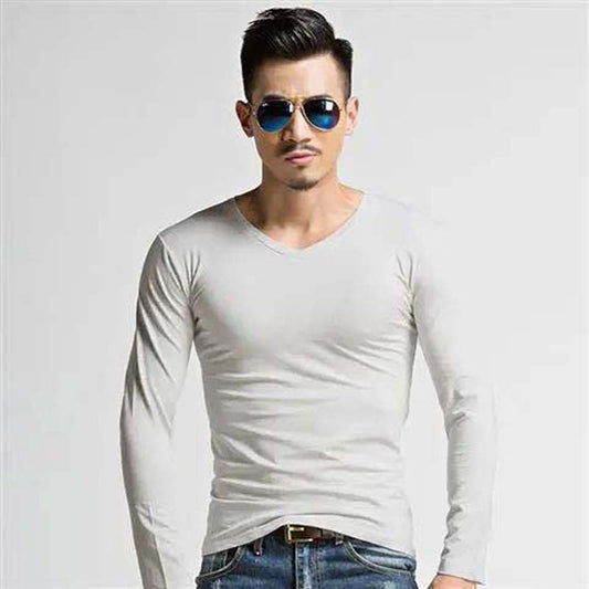 Men's Slim V Round Neck Long Sleeve Sports Solid Color Vest Large Size Solid Color Stretch Bottoming Shirt