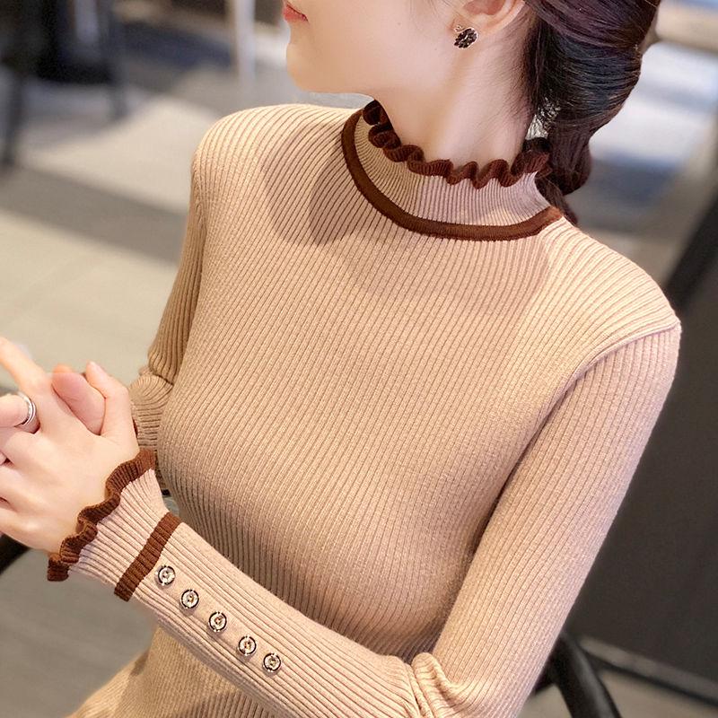 Knitted Bottoming Shirt Women Autumn and Winter Button Decoration Half Turtleneck Sweater Young Women Sweater