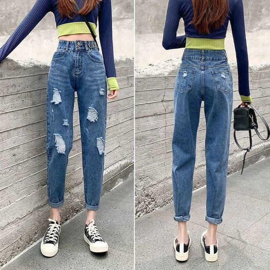 Women Spring Summer Cropped Pants Loose Vintage High Waist Straight Streetwear Denim Ripped Jeans