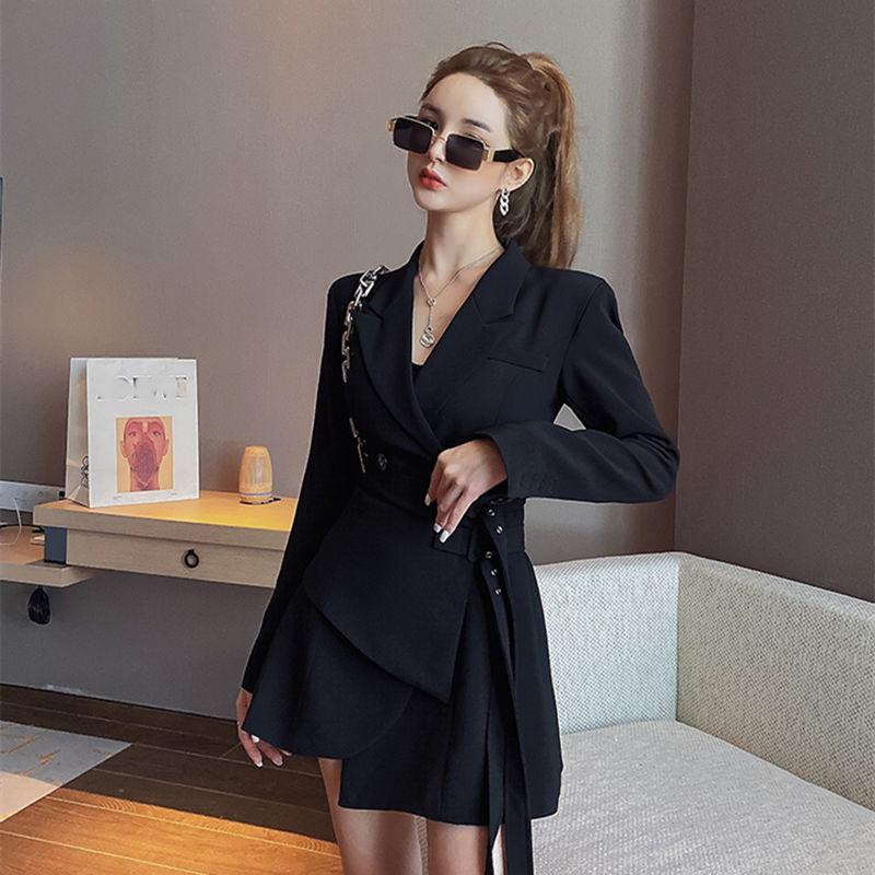 Temperament Fake Two-piece Lace-up Waist Slim Personality Suit Dress Female Autumn Korean Style Long Sleeves