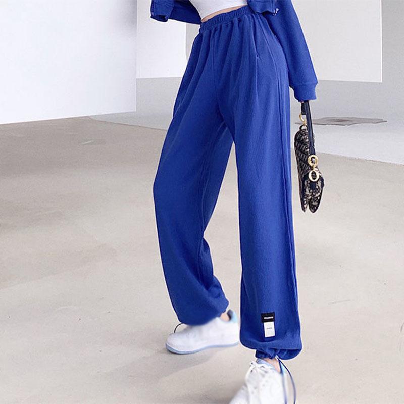 Sports Waffle Suit Women's Loose Casual High Waist  Blue Wide Leg Sweatpants Spring and Autumn Tide Two-piece Suit