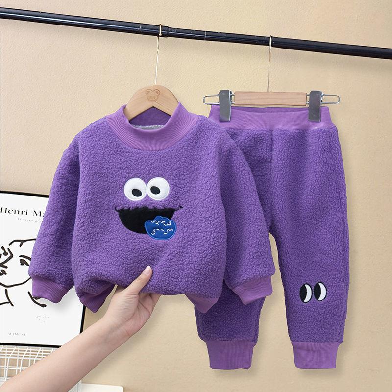 Children's Suit Autumn and Winter Boys and Girls Plus Velvet Suit Casual Two-piece Pure Color Loose Embroidery Sets