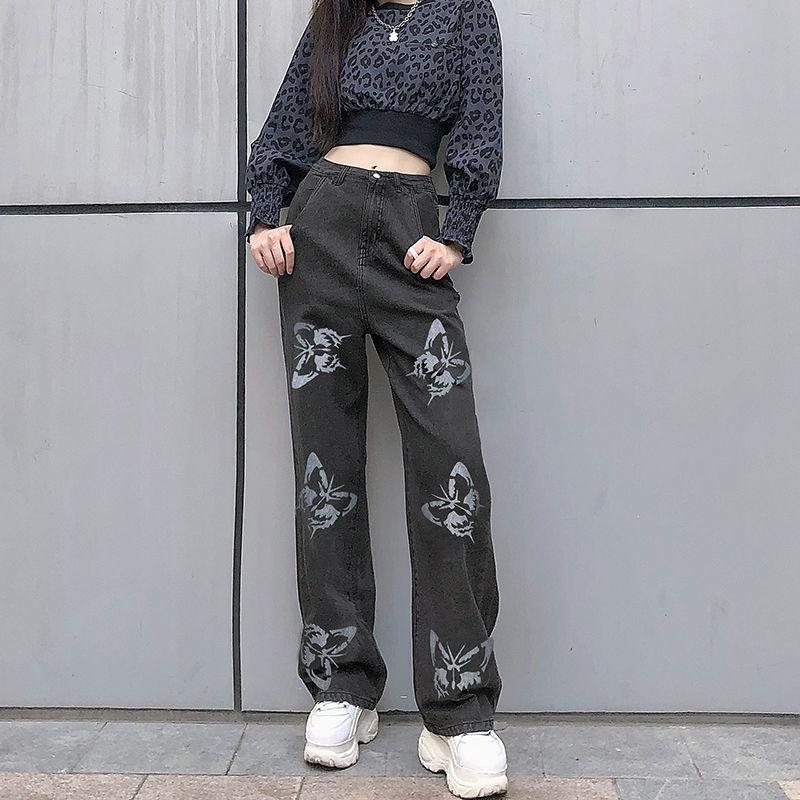 Butterfly Print Straight-leg Jeans Vintage Jeans Loose Streetwear Women's High-waisted Slim and Versatile Drape Loose Mopping Casual Pants