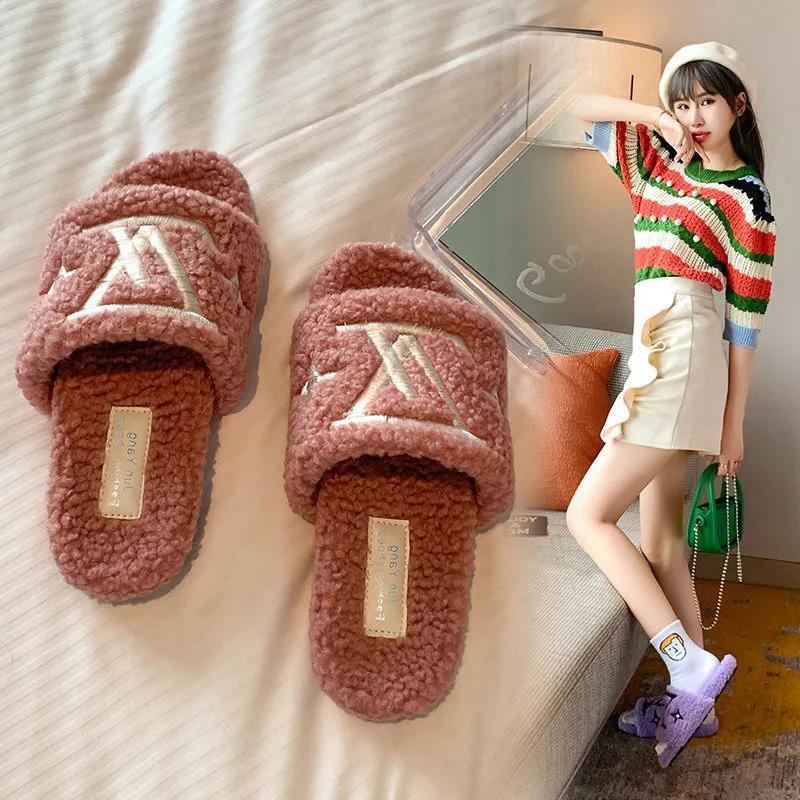 Ladies Cotton Slippers Plush Slippers Fall Winter Fashion Outer Wear All-match Flat Flat Shoes