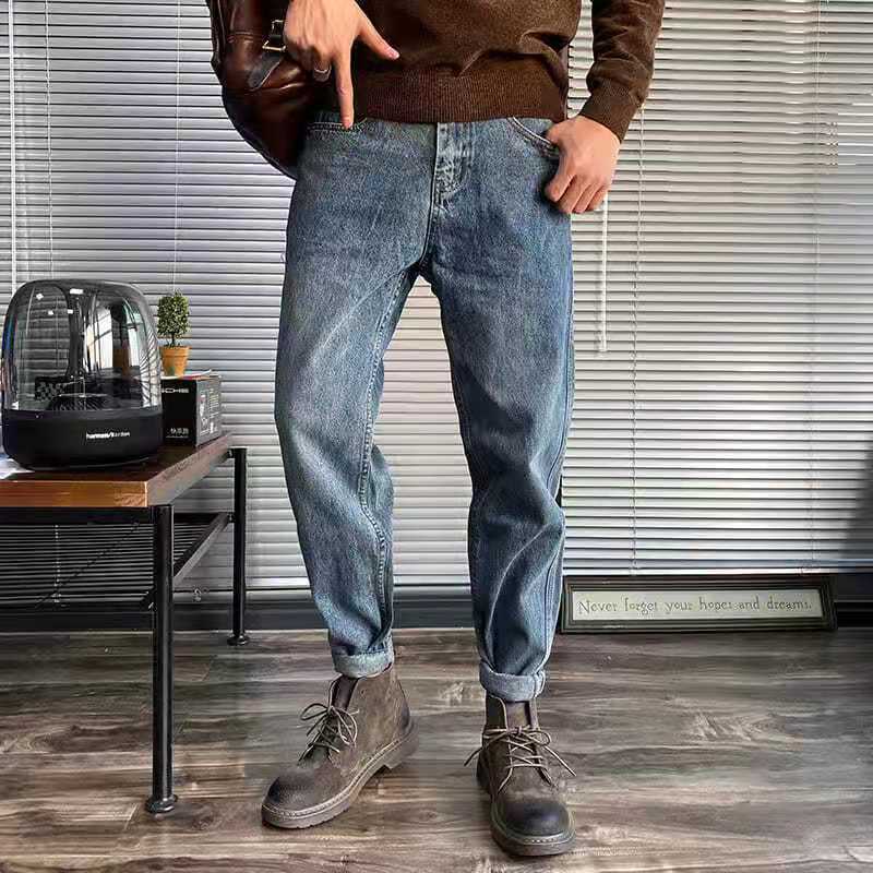 Spring and Autumn Retro Straight Leg Loose Jeans Men's Slim Stretch Stretch Feet Casual Pants