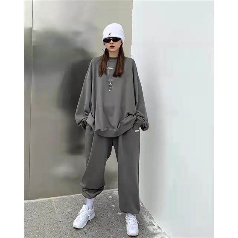 2PCS Ladies Spring and Autumn Grey Sports Suit Black Casual Pants Sweater Loose Two Piece Set Athletic Girl Jogging Suits Track Suit