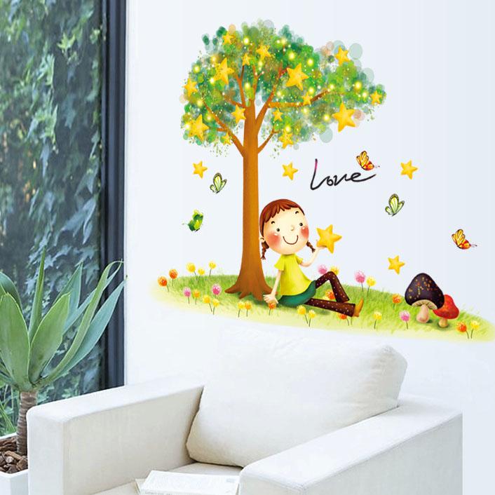 The girl under the tree the third generation removable PVC transparent film wall stickers love warm