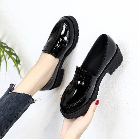 Small Leather Shoes Thick Heels All-match Work Work Professional Black British Style Lazy Shoes Single Shoes Women's Soft Uppers