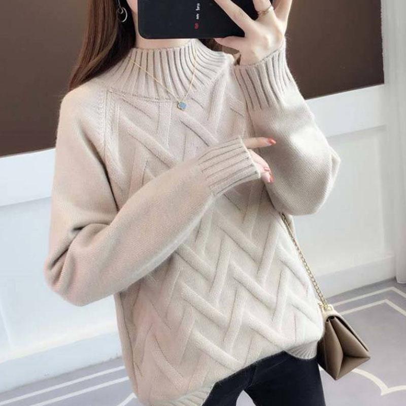 Pofulove Women Thick Loose Pullover Female Jumpers Long Sleeve Pull Femme Casual Knitted Sweater Red