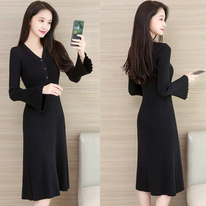 Winter Fashion Padded Sweater Skirt Mid-length Over The Knee V-neck Knitted Dress Slim Inner Base Bag Hip Skirt