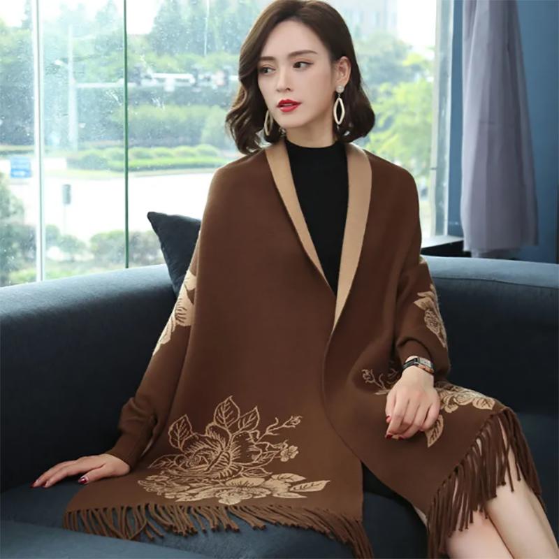 Sleeve Scarfs Female Wool Jacquard Thickened Warmth Cloak-style Double-sided Cloak Scarf Dual-use