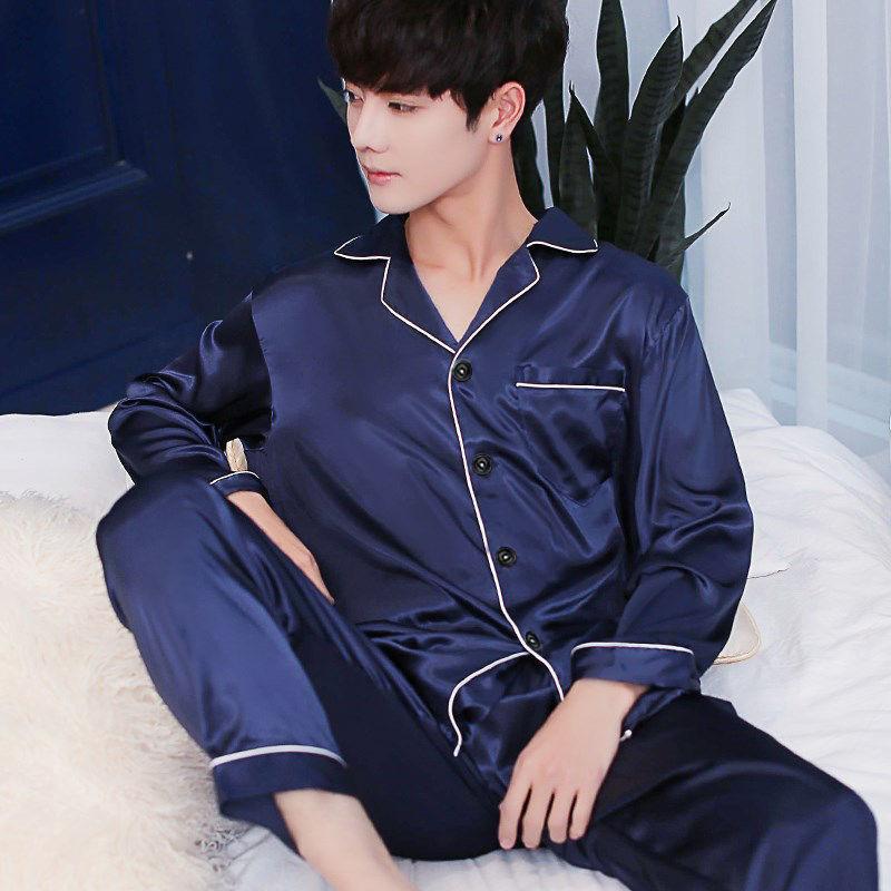 Spring and Autumn Long-sleeved Ice Silk Men's Pajamas Thin Style Korean Home Service Two-piece Suit Plus Size