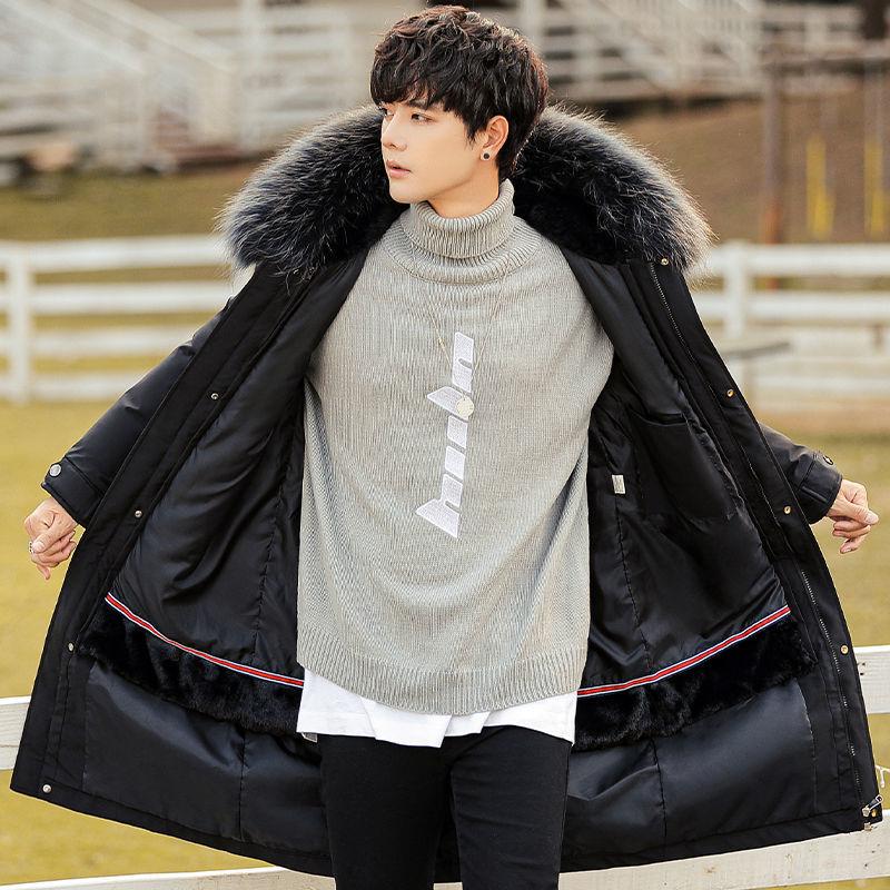 Winter Padded Jacket Men Plus Velvet Thick Mid-length Down Padded Jacket Korean Style Loose Hooded Big Fur Collar Padded Jacket Parka Coat