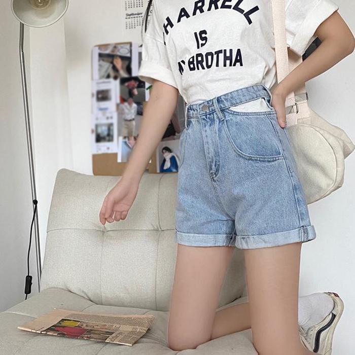 WTEMPO Cool Hollow Out High Waist Denim Shorts Women Loose Wide Leg A-line Thin Curled Bottom Casual Shorts