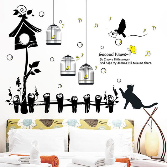 Happy bird cage background wall stickers environmental murals funny cat birds wallpaper