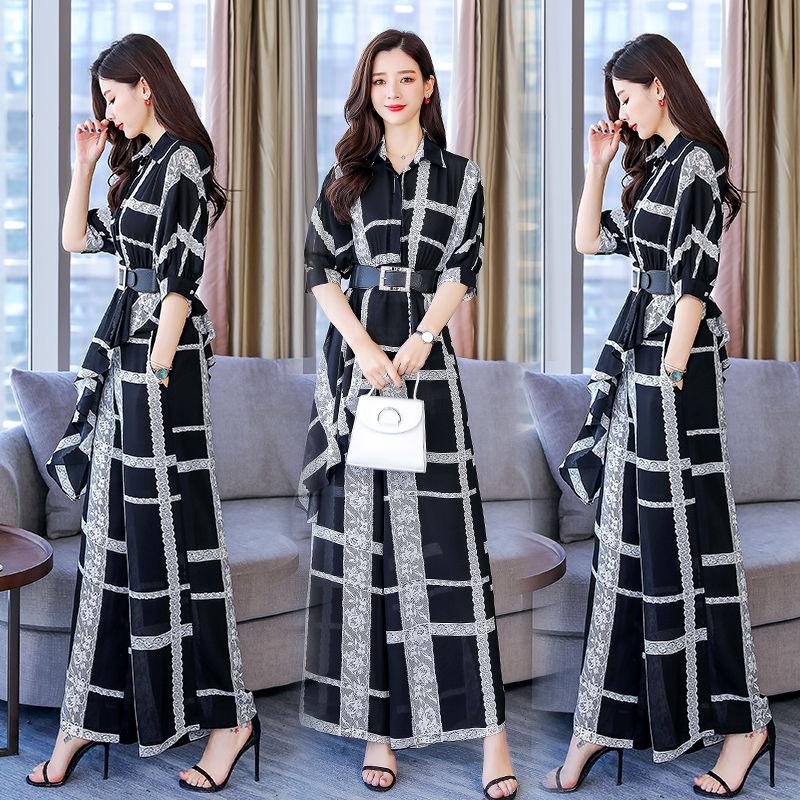 Women's Chiffon Wide-leg Pants Suit Women's Summer Irregular Hem Shirt and Big-leg Pants Two-piece Suit Casual Office Wearable To Cover Fat and Thin