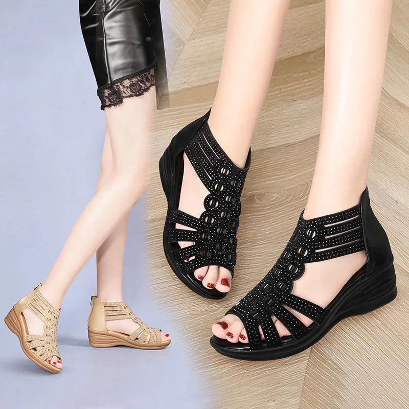 Sandals Women's Summer Slope with Roman Rhinestone Fish Mouth Comfortable Women's Soft-soled Open-toe Sandals Women's High-heeled Sandals