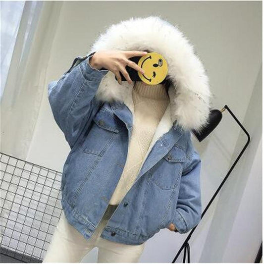 Overcoat Thick Warm Coat Denim Jacket Female Winter Fur Collar Lamb Coat Student Short Coat