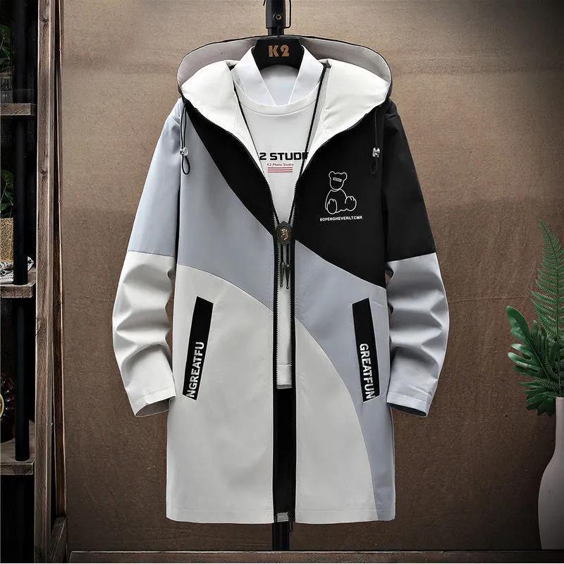 Bear Print Windbreaker Hooded Jacket Men Coat Casual Loose Parka Soft Comfortable Top Long