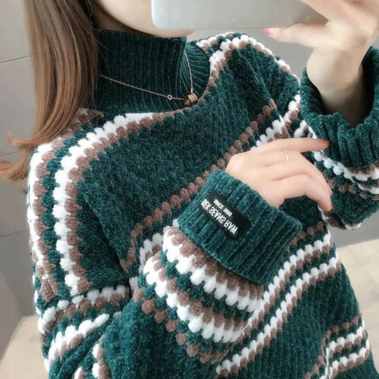 Women's Winter Large Size Versatile Striped Sweater Female Autumn Loose High Collar Long Sleeve Warm Knitted Pullover