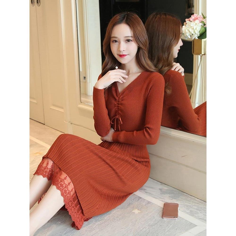 Fashion Padded V-neck Ladies Dress Mid-length Over-the-knee Bag Hip Skirt Bottoming Knit Sweater Skirt