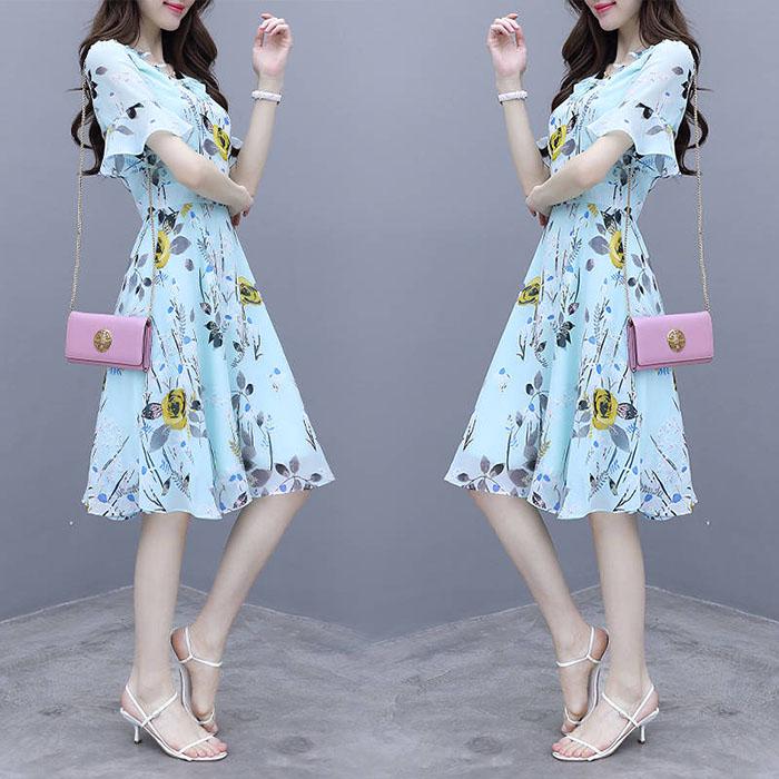 Pofulove S-2XL Women Summer High-end Floral Chiffon Dress Short-sleeved V-neck A-line Sun-dresses