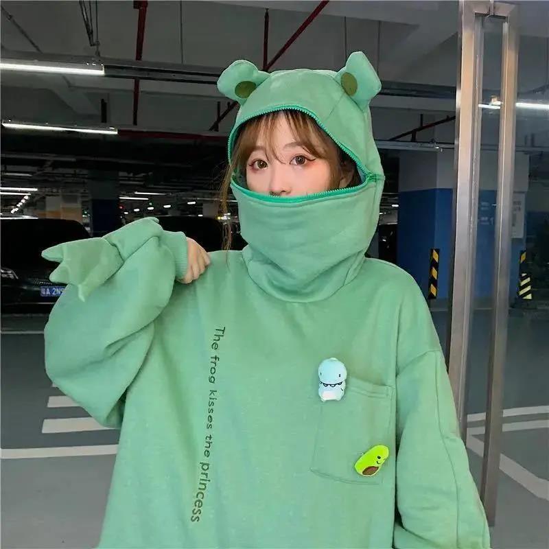 Autumn and Winter Cartoon Frog Head Hooded Sweater Female Design Sense Student Class Tops