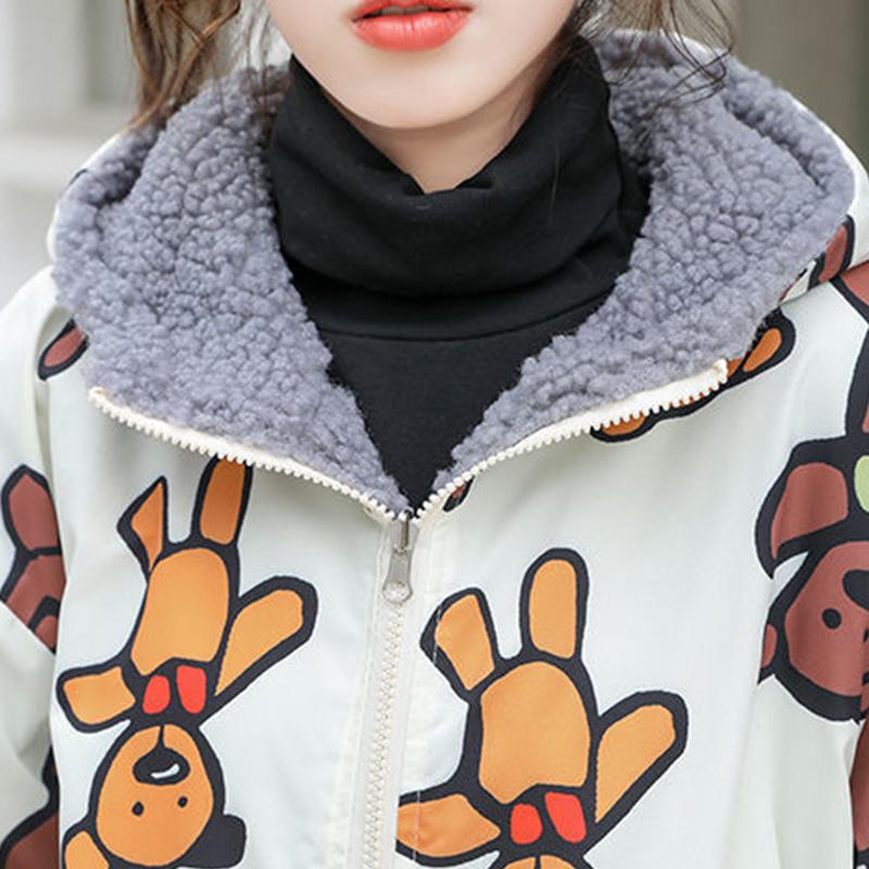 Double-sided Printed Women's Cotton-padded Jacket Spring Autumn Student Jacket Korean Hooded Bear Lamb Wool Cotton Jacket