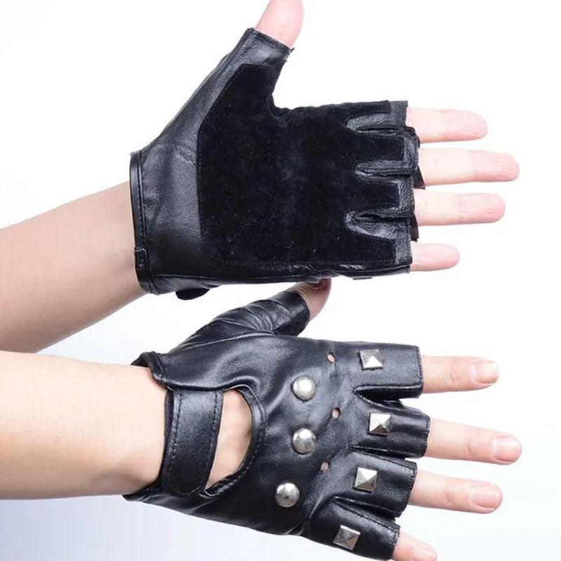 Leather Gloves Men's Half-finger Gloves Fitness Hip-hop Real Sheepskin Stage Performance Gloves Knight Half-finger Gloves