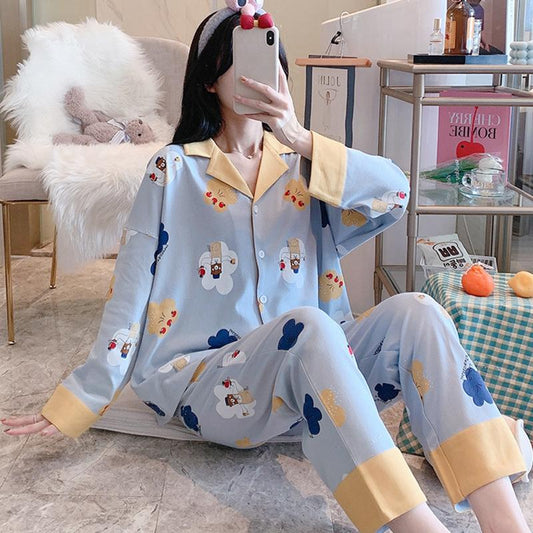 Set Pajamas Ladies Sleeve Trousers Cute Cartoon Cardigan Girl Princess Style Home Service Suit Fabric Skin-friendly and Soft