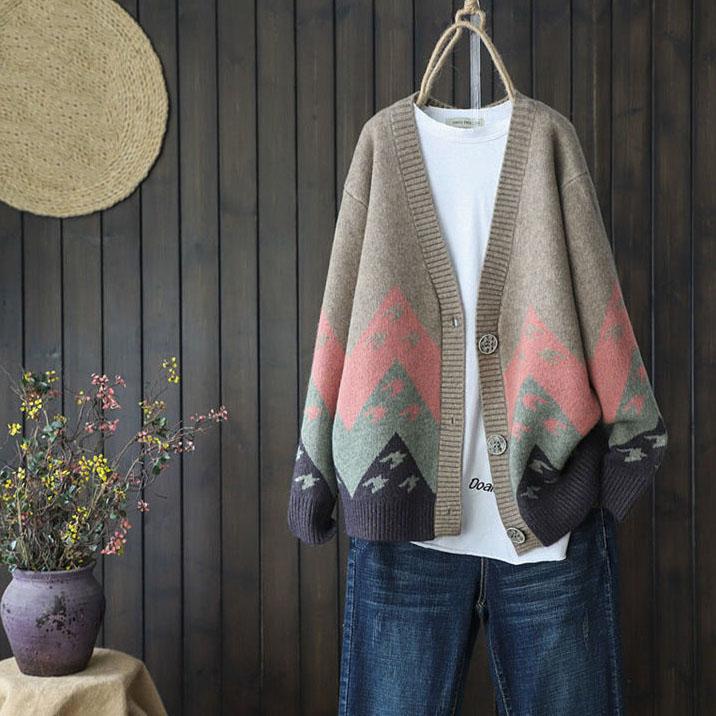 Women's Color Blocked Knitted Cardigan Women's Vintage Jacquard Weave Versatile Coat Casual  Large Size Knitted Sweater