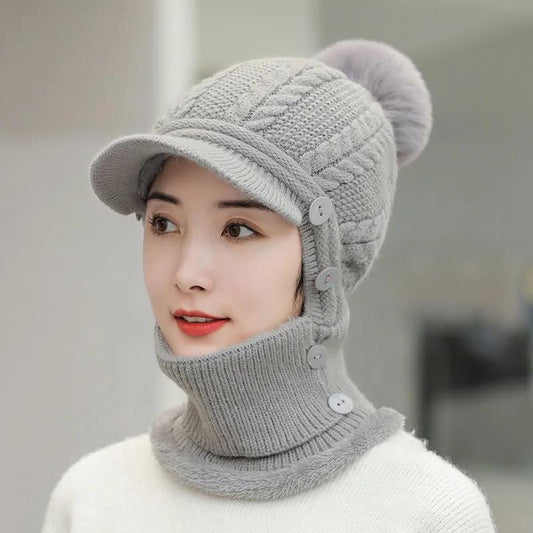 Women's Plush Thick Hat Mask Bib One Piece Cap Winter Warm Woolen Hat Cycling and Windproof Knitted Hat Fur Ball Handmade Wool Cap Button Scarf Set