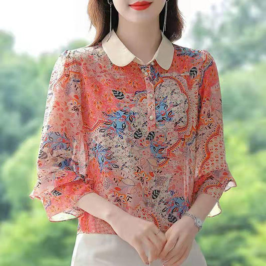 Floral Chiffon Shirt Women's Spring and Summer Western Style Polo Shirt All-match Blouse Three-quarter Sleeve Top