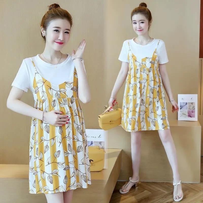 Loose Mid-length Ladies Dress Round Neck Short-sleeved Loose Skirt Casual Skirt Ladies Hanging Wide Loose Dress Sweet and Cute Fabric Soft