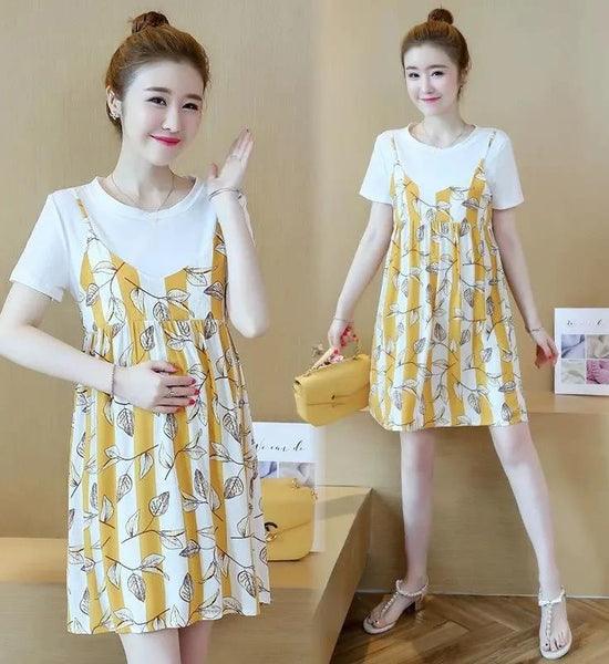 Loose Mid-length Ladies Dress Round Neck Short-sleeved Loose Skirt Casual Skirt Ladies Hanging Wide Loose Dress Sweet and Cute Fabric Soft