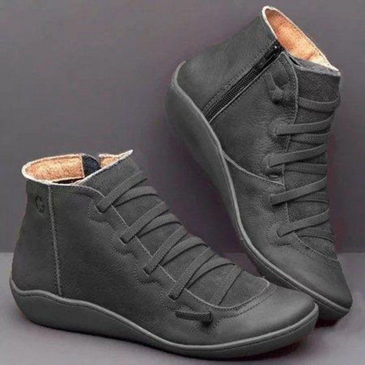 Women PU Leather Ankle Boots Casual Fall Autumn Boots Spring Flat Shoes Woman Short Brown Lace Up Booties Plus Size Punk Boots 35-43