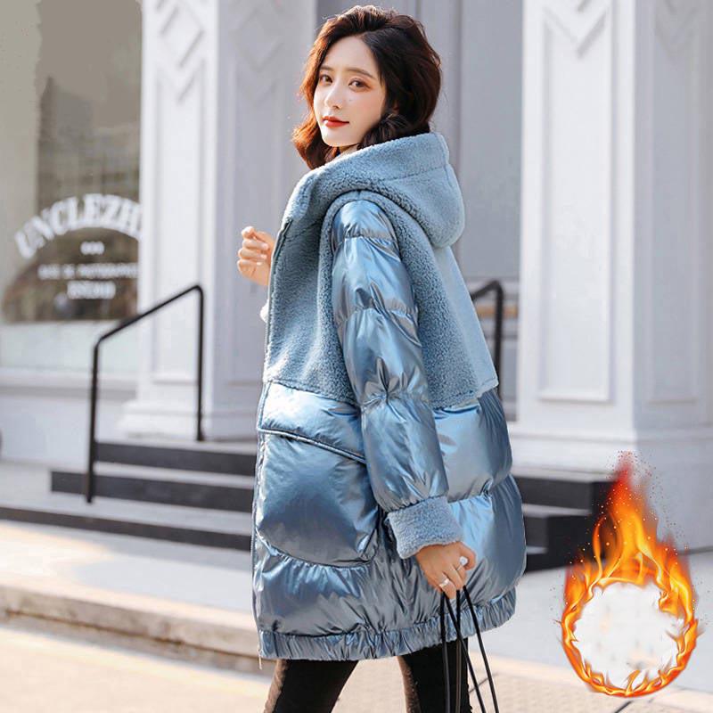 Autumn Winter Mid-length Down Jacket and Stitching Lamb Cotton Coat Women