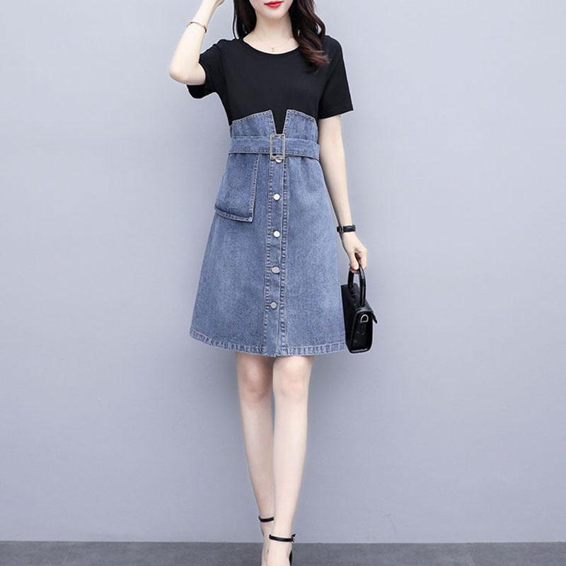 Plus Size Dress Summer Women Denim Stitching Dress Midi Short-sleeve Hooded Dress with Belt