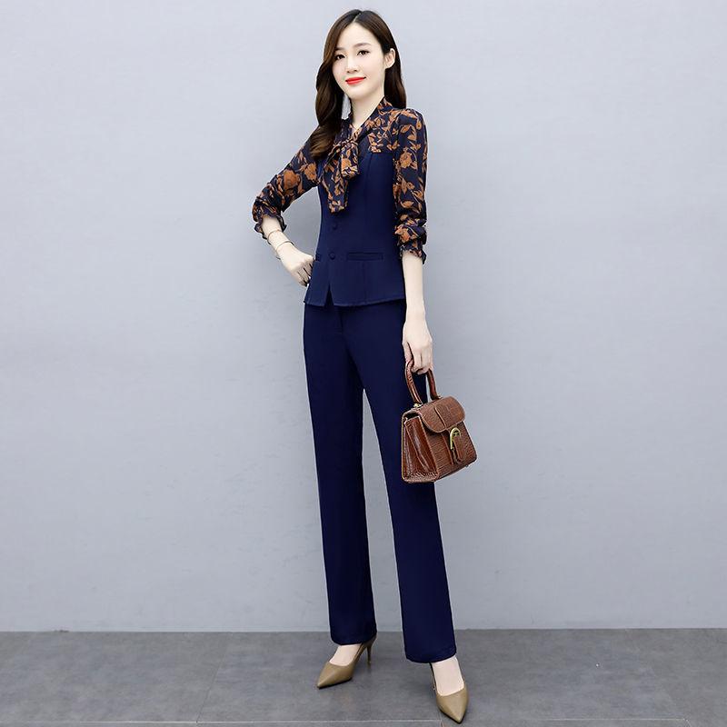 Professional Suit Temperament Was Thin Wide-leg Pants Two-piece Long-sleeved Waist Chiffon Shirt Loose Suit Pants Ladies Temperament Suit