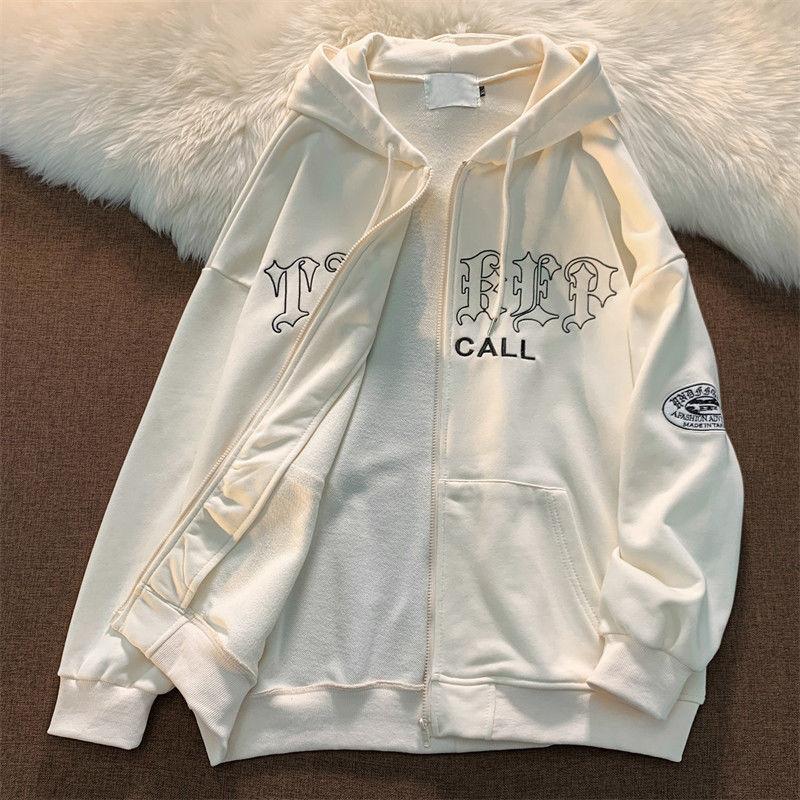 Retro Letter Embroidery Hooded Cardigan Sweater Men Hiphop Street Loose Sweater Cardigan Coat Ladies Casual Zipper Top