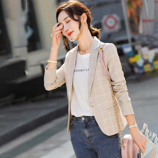 Plaid Jacket Breathable Thin Blazer Temperament Retro All-match Long-sleeved Blouse Women's Self-cultivation Suit Jacket Can Be Worn At Work