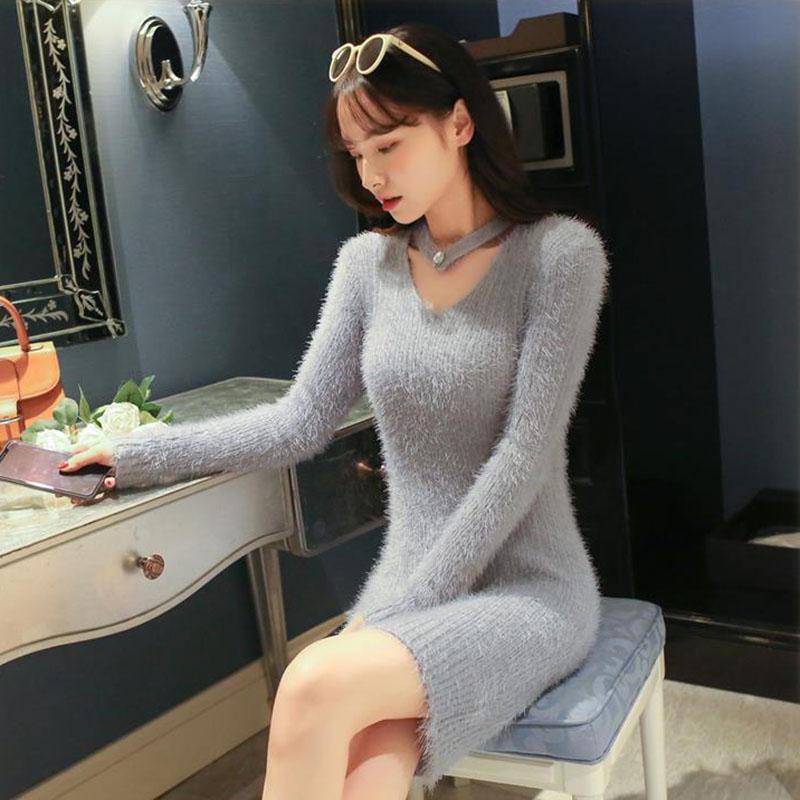 Autumn and Winter Mohair V-neck Sweater Pullover Mid-length Slim Top Solid Color Sexy Female Sweater Dress